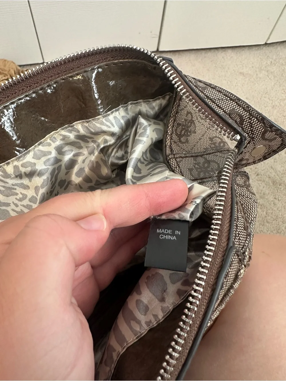 GUESS Brown Monogram Satchel Purse with Logo Plaque